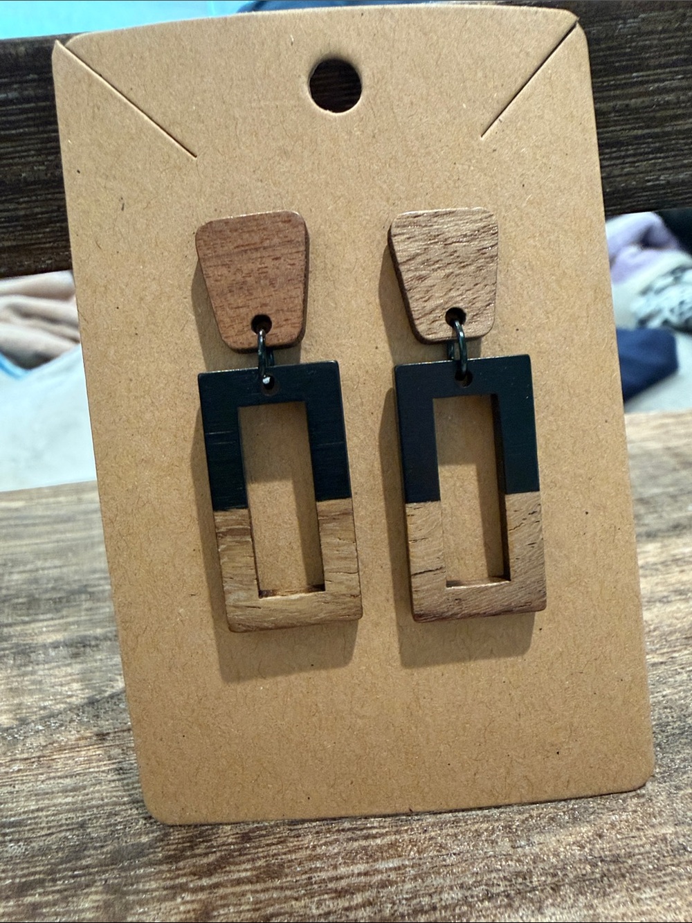 Black & Natural Wood Geometric Drop Earrings